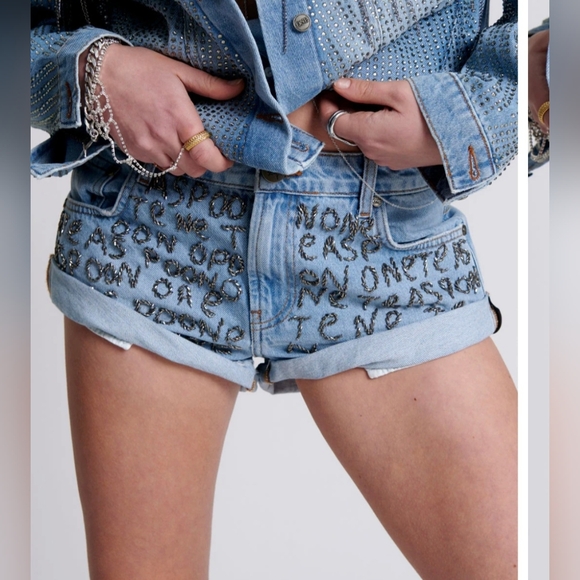New One Teaspoon Hand Embellished Bandit Low Waist Denim Shorts Size 30